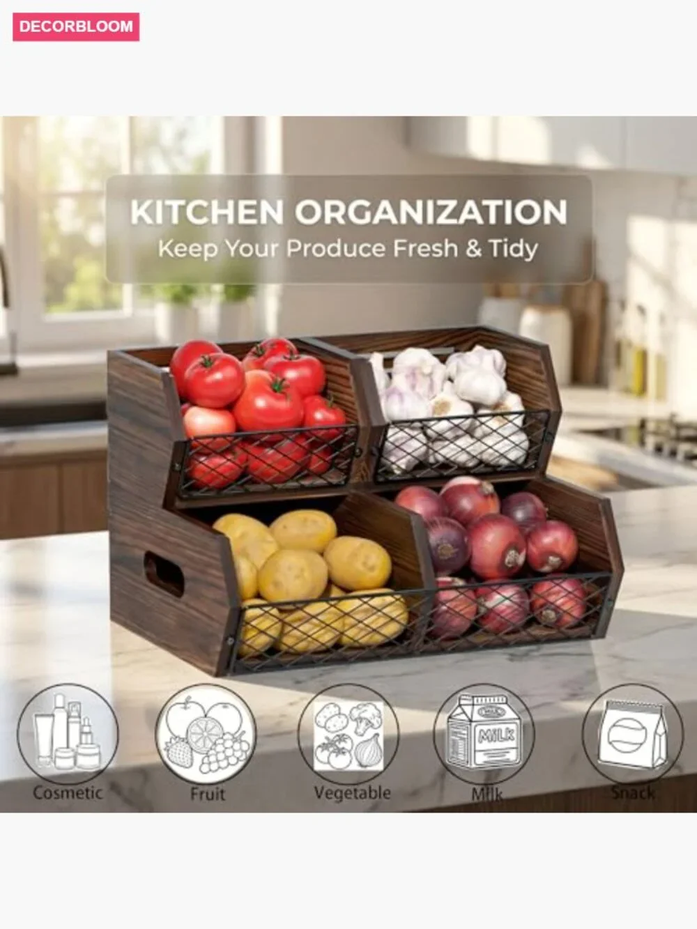 Stackable Wood Potato Onion Storage Bins Pantry Organizer Set